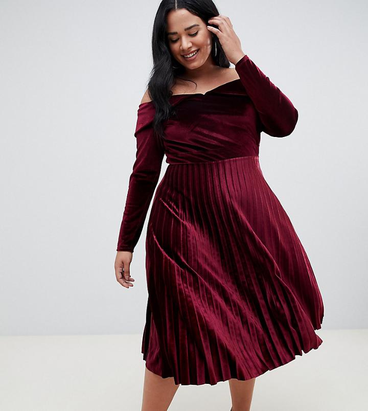 Asos Design Curve Pleated Velvet Bardot Midi Dress - Purple