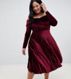 Asos Design Curve Pleated Velvet Bardot Midi Dress - Purple