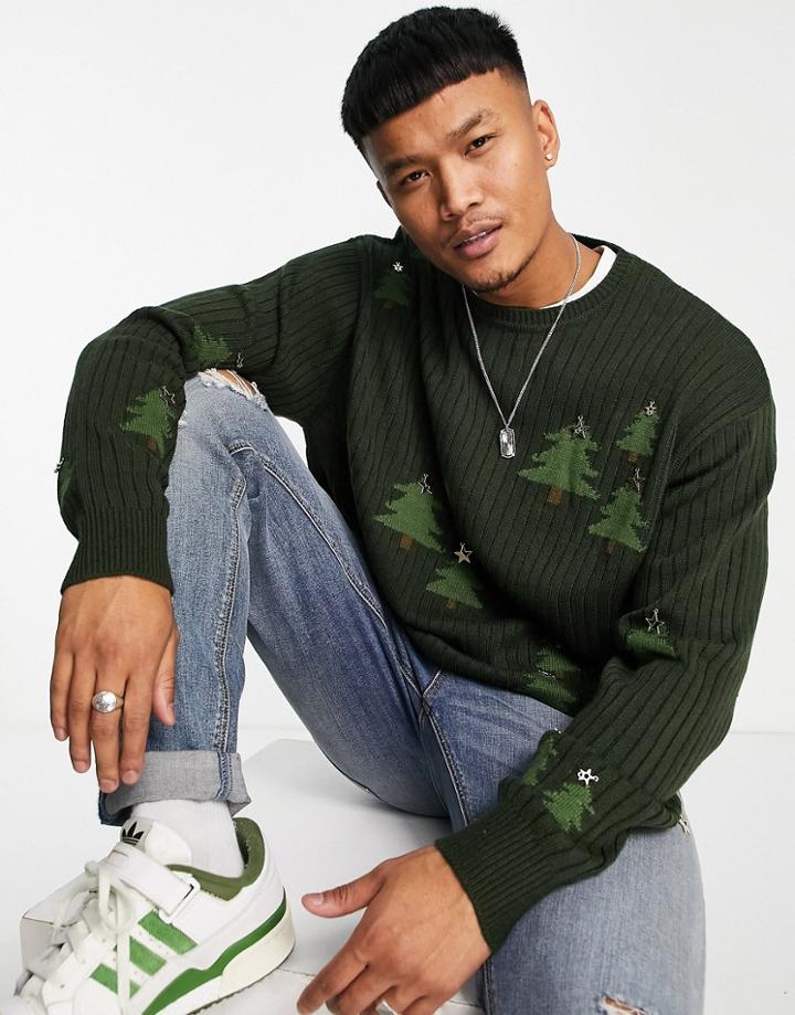 Asos Design Knitted Ribbed Christmas Sweater With Christmas Tree Applique-green