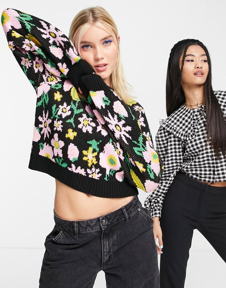 Miss Selfridge Bold Bloom Puff Sleeve Sweater-multi
