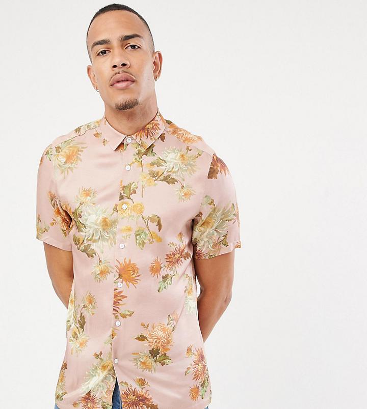 Asos Design Tall Regular Fit Floral Shirt In Pink