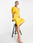 Asos Design Tie Side Sweetheart Puff Sleeve Pencil Midi Dress In Marigold