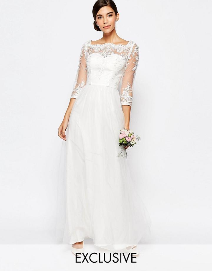 Chi Chi London Bridal Bardot Neck Maxi Dress With Premium Lace And Tulle Skirt - White