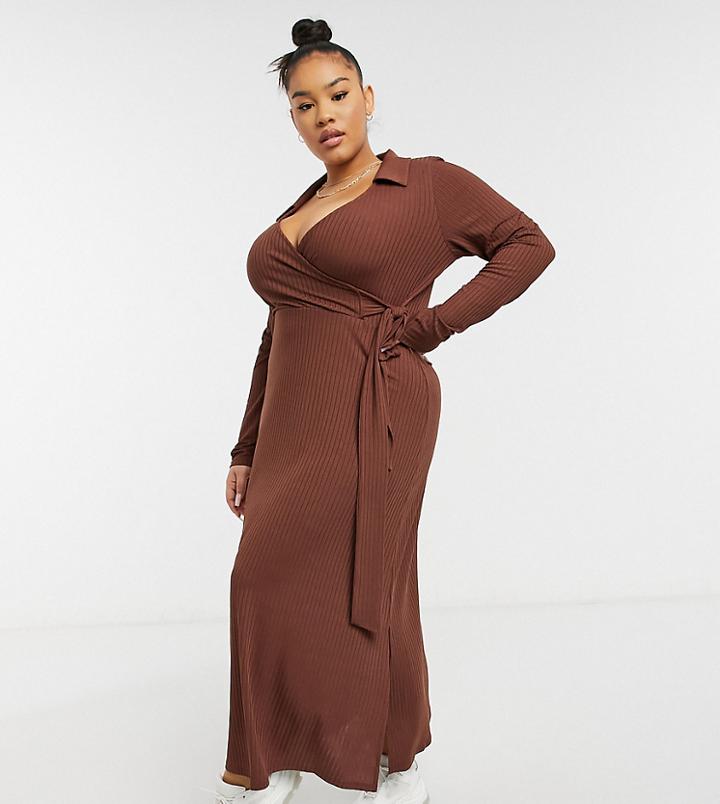 Asos Design Curve Rib Midi Wrap Dress With Long Sleeves In Chocolate Brown
