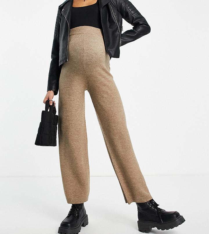 Asos Design Maternity Knitted Wide Leg Pants In Taupe - Part Of A Set-neutral