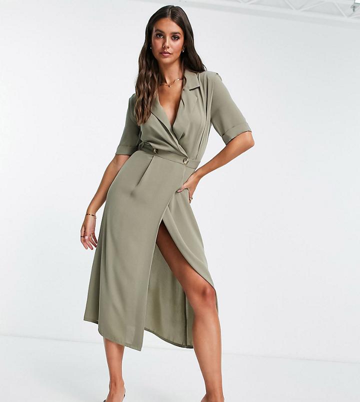 Asos Design Tall Wrap Tux Midi Dress With Shoulder Pads In Khaki-green
