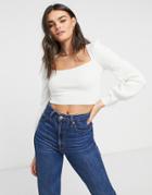Skylar Rose Square Neck Cropped Knit Sweater With Puff Sleeves-white