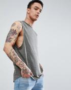Asos Design Longline Sleeveless T-shirt With Raw Neck And Curved Hem In Linen Mix In Khaki - Green