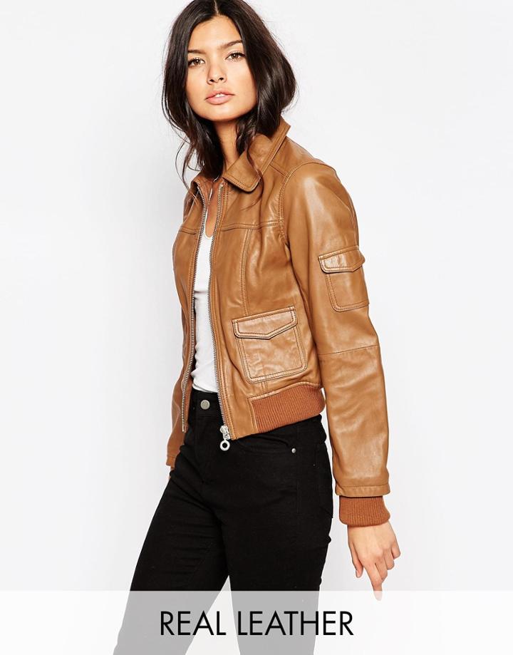 Urbancode Leather Bomber Jacket - Tan