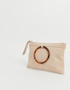 Asos Design Suede Clutch Bag With Tort Ring Detail-cream