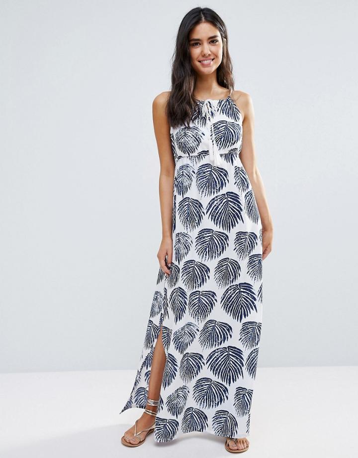 Liquorish Leaf Print Maxi Beach Dress - White