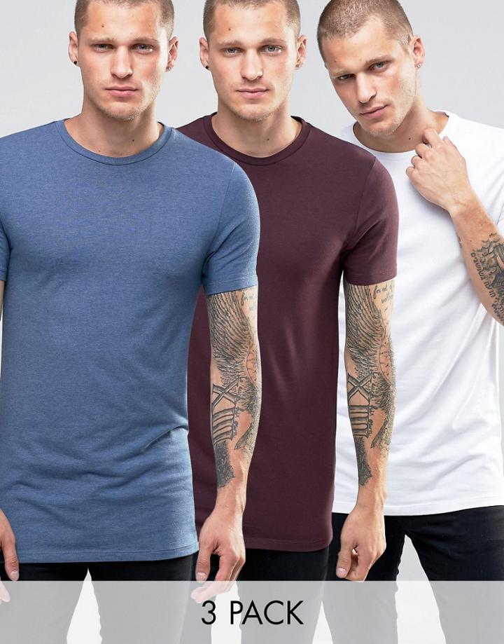 Asos 3 Pack Longline Muscle T-shirt In Oxblood/white/blue Marl - Multi
