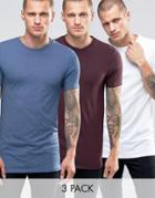 Asos 3 Pack Longline Muscle T-shirt In Oxblood/white/blue Marl - Multi