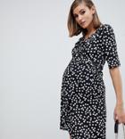 Asos Design Maternity Nursing Wrap Tea Dress With Frill In Polka Dot Print-multi