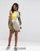 Reclaimed Vintage Inspired Festival Mini Skirt With Raw Hem In Brocade - Silver