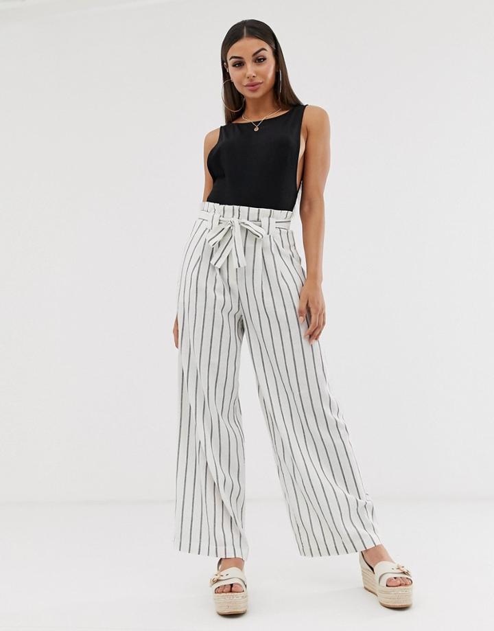 Asos Design Linen Wide Leg Pants With Paperbag Waist And Belt In Stripe-multi