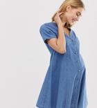 Asos Design Maternity Denim Button Through Tea Mini Dress In Midwash Blue