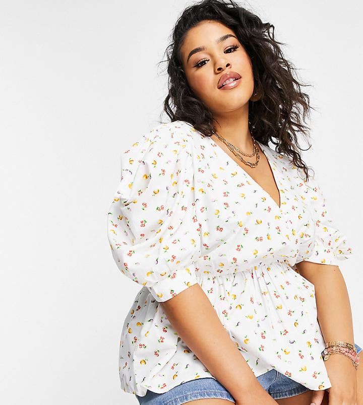Simply Be Wrap Top With Puff Sleeves In White Fruit Print-multi