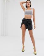 Asos Design Coated Twist Mini Skirt With Thigh Split-black