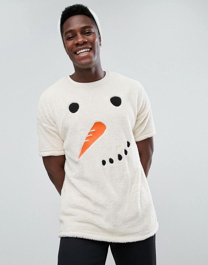 Asos Holidays Oversized T-shirt In Borg With Snowman Embroidery - White