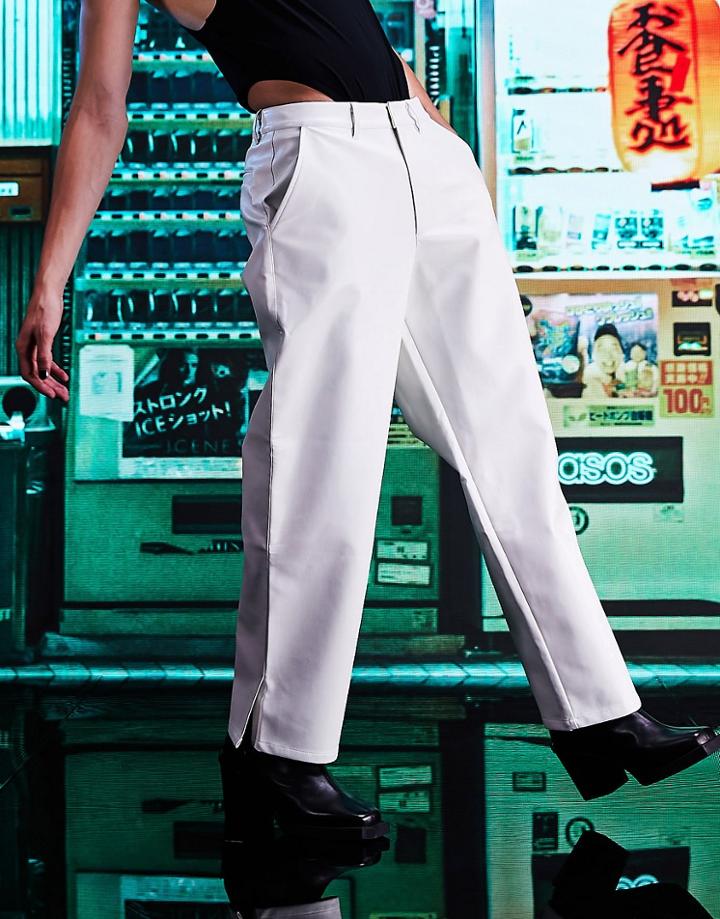 Asos Design Wide Fit Faux Leather Pants With Split Hem-white