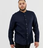 Asos Design Plus Slim Fit Linen Mix Shirt With Grandad Collar In Navy