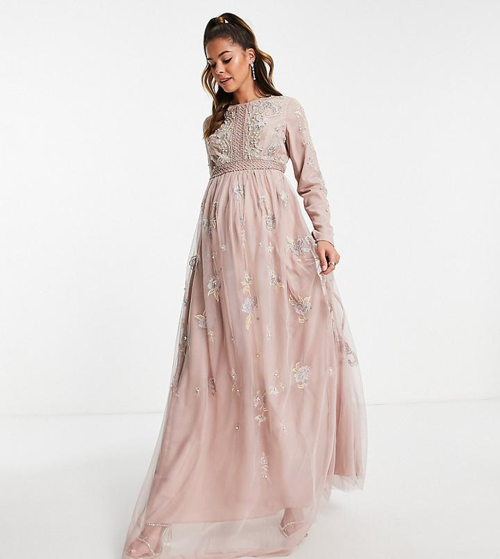 Asos Design Maternity Bridesmaid Pearl Embellished Long Sleeve Maxi Dress With Floral Embroidery In Rose-pink