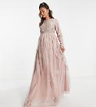 Asos Design Maternity Bridesmaid Pearl Embellished Long Sleeve Maxi Dress With Floral Embroidery In Rose-pink