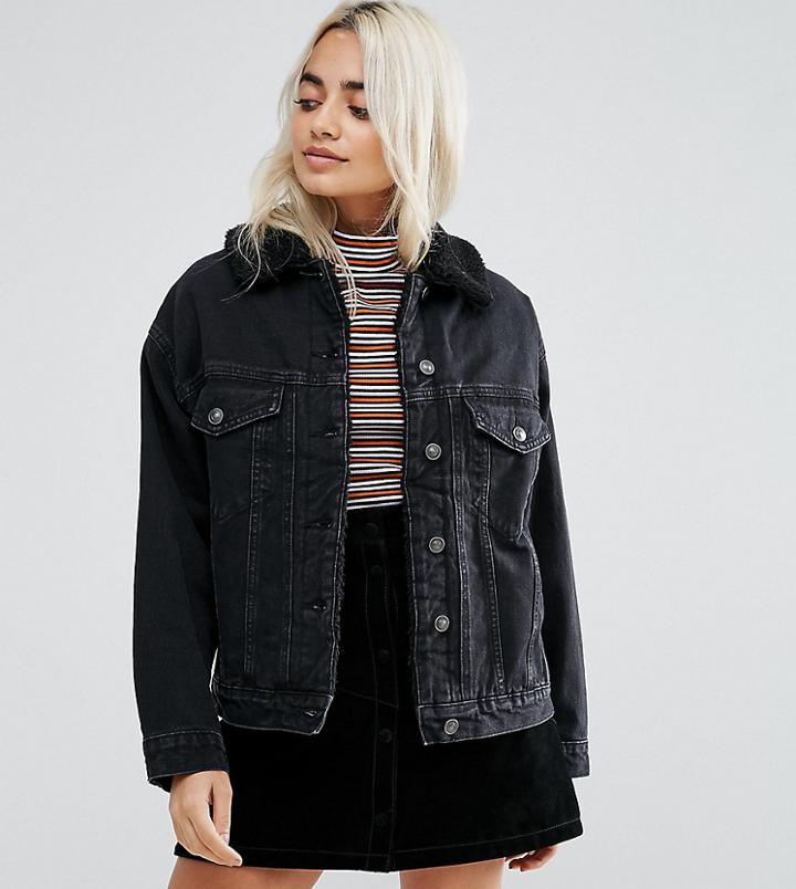Asos Petite Denim Borg Jacket In Washed Black - Black