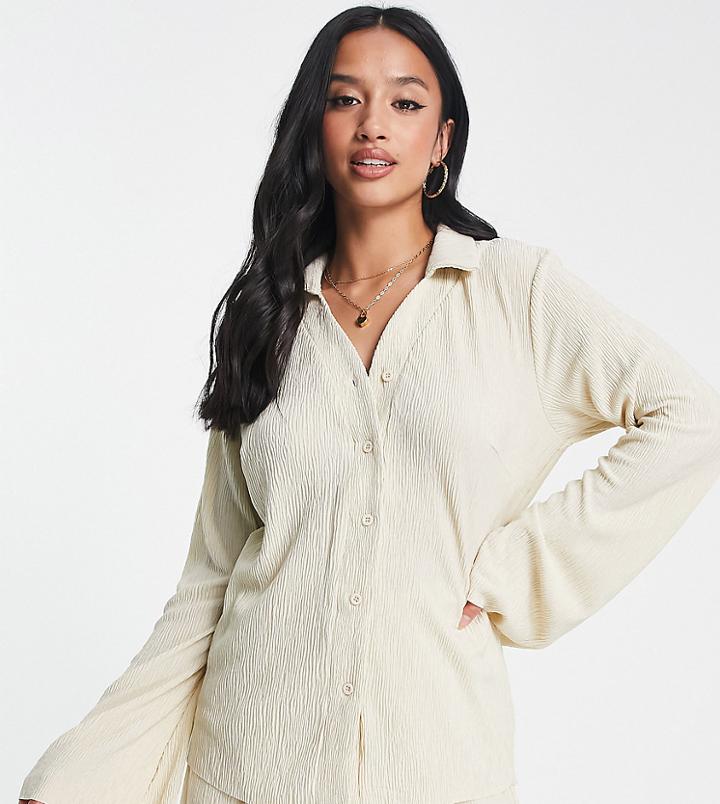 Missguided Petite Crinkle Shirt In Cream - Part Of A Set-white