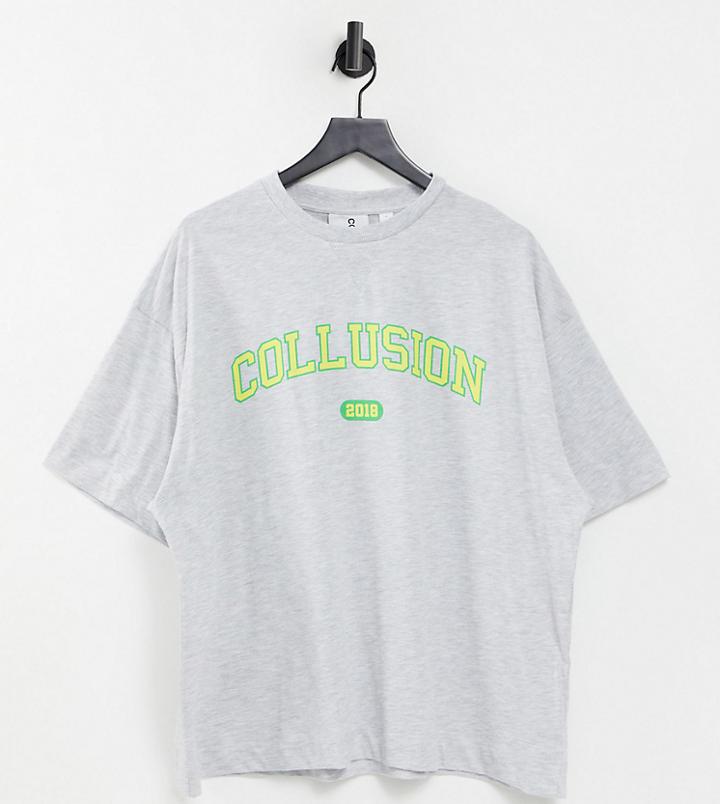 Collusion Unisex T-shirt With Collegiate Logo Print In Gray Heather-grey
