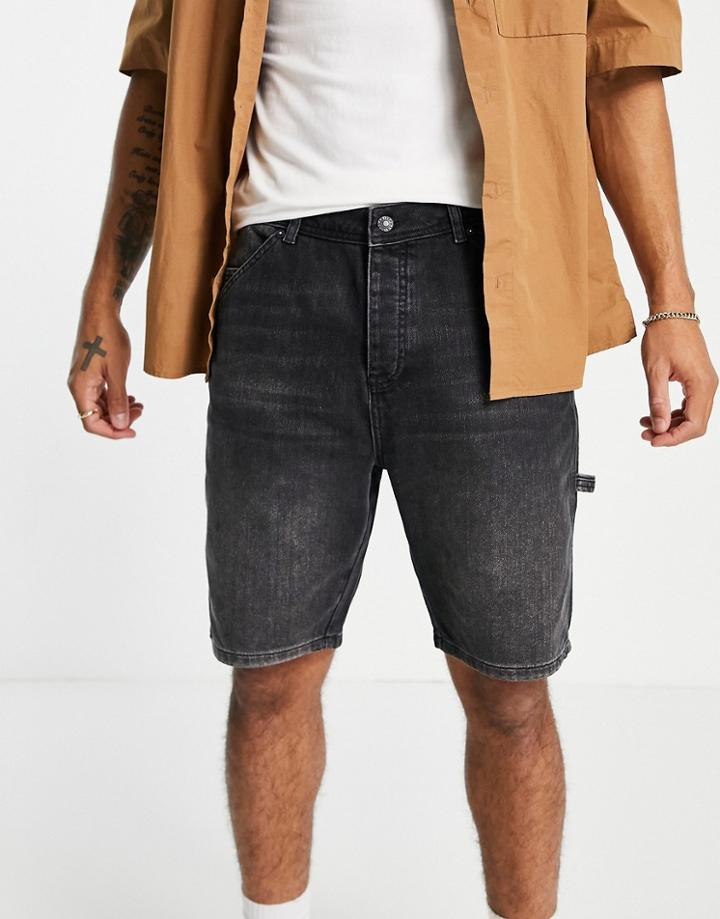 Topman Carpenter Denim Shorts In Washed Black