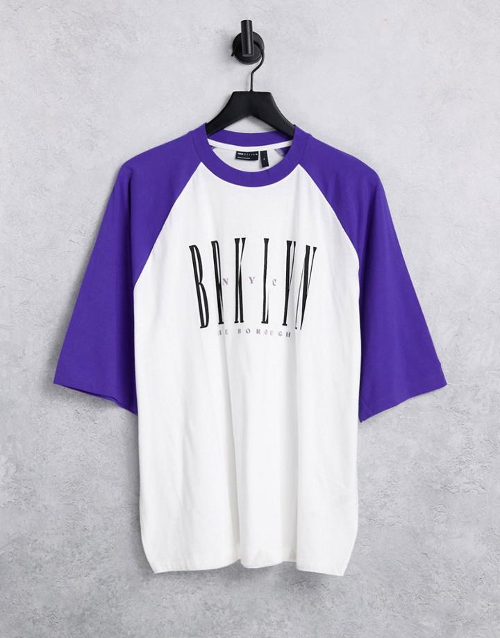 Asos Design Oversized T-shirt In White With Purple Color Block And Brooklyn City Print
