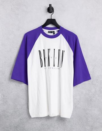 Asos Design Oversized T-shirt In White With Purple Color Block And Brooklyn City Print