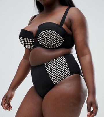 Wolf & Whistle Curve Fishnet High Waist Bikini Bottom - Black