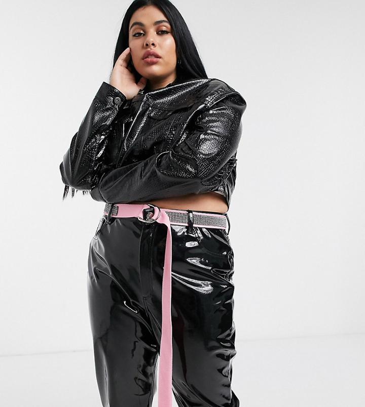 Asos Design Curve Rhinestone Webbing Waist And Hip Jeans Belt In Pink