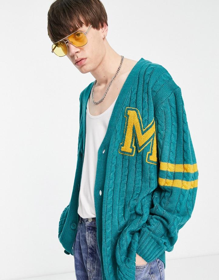 Mennace Varsity Knitted Cardigan In Green With Rust Embroidery