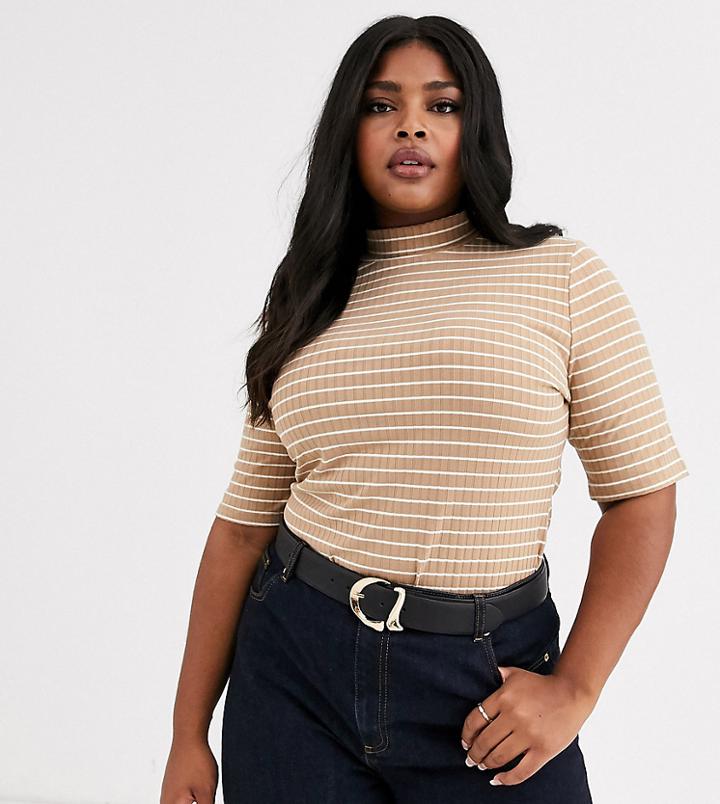 Glamorous Curve High Neck Top In Vintage Stripe
