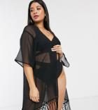 Brave Soul Plus Sheer Beach Kimono With Tassel Hem-black
