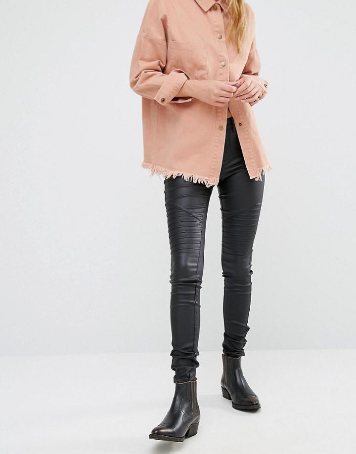 Only Royal Mid Waist Skinny Biker Coated Jeans - Black