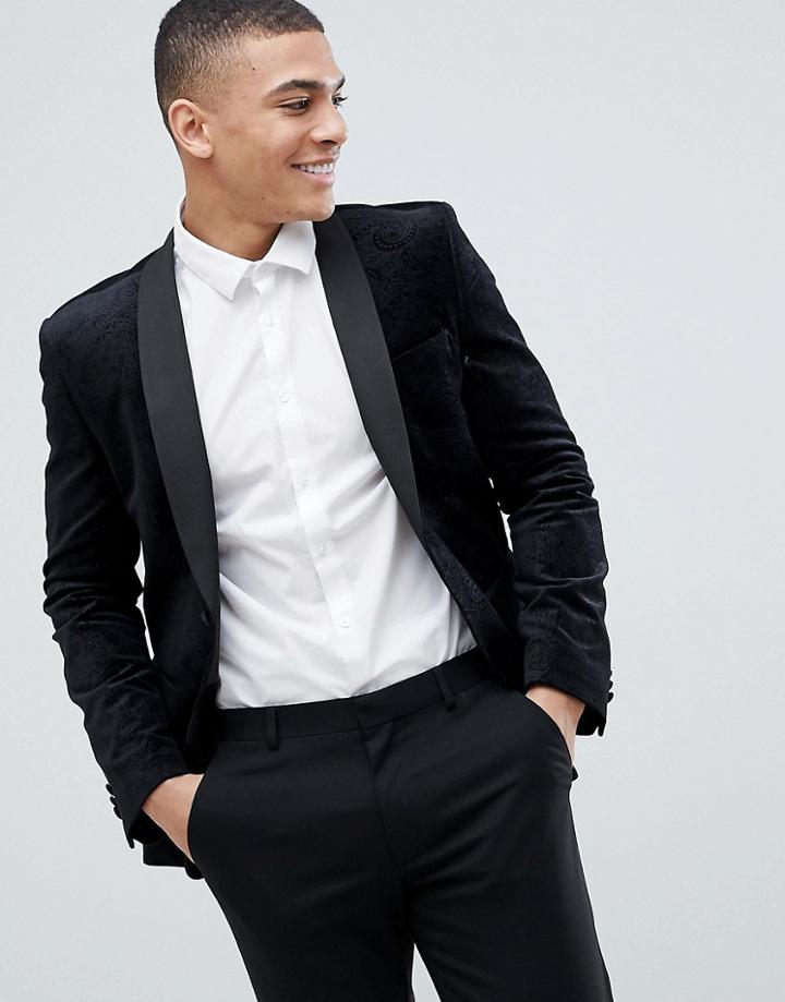 Next Velvet Blazer With Pattern In Black - Black