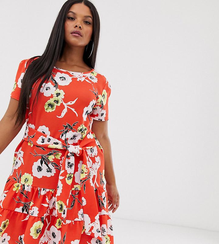 Boohoo Plus Exclusive Skater Dress With Tiered Skirt And Tie Waist In Red Floral - Multi