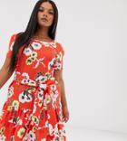 Boohoo Plus Exclusive Skater Dress With Tiered Skirt And Tie Waist In Red Floral - Multi