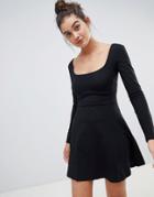 Asos Design Super Scoop Mini Skater Dress With Long Sleeves - Black