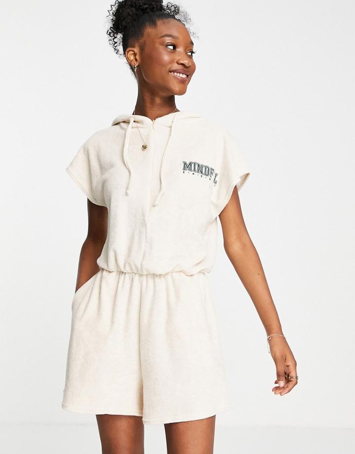 Asos Design Mindful Slogan Towelling Romper In Beige-neutral