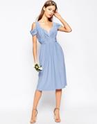 Asos Wedding Drape Cold Shoulder Midi Dress - Dusty Blue