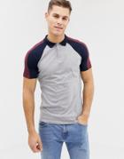 Asos Design Polo Shirt With Contrast Split Sleeves In Gray Marl - Gray