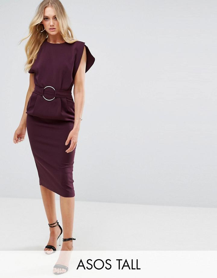 Asos Tall Split Cap Sleeve Midi Dress With Modern Ring Belt - Black