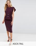 Asos Tall Split Cap Sleeve Midi Dress With Modern Ring Belt - Black