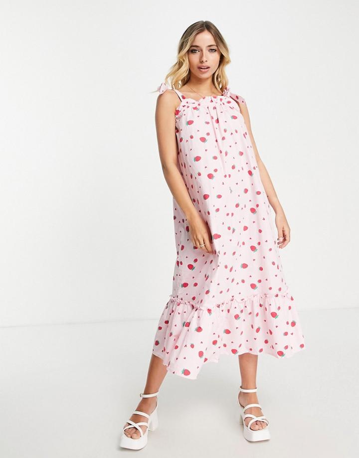 Pieces Tie Shoulder Midi Smock Dress In Pink Strawberry Print-multi